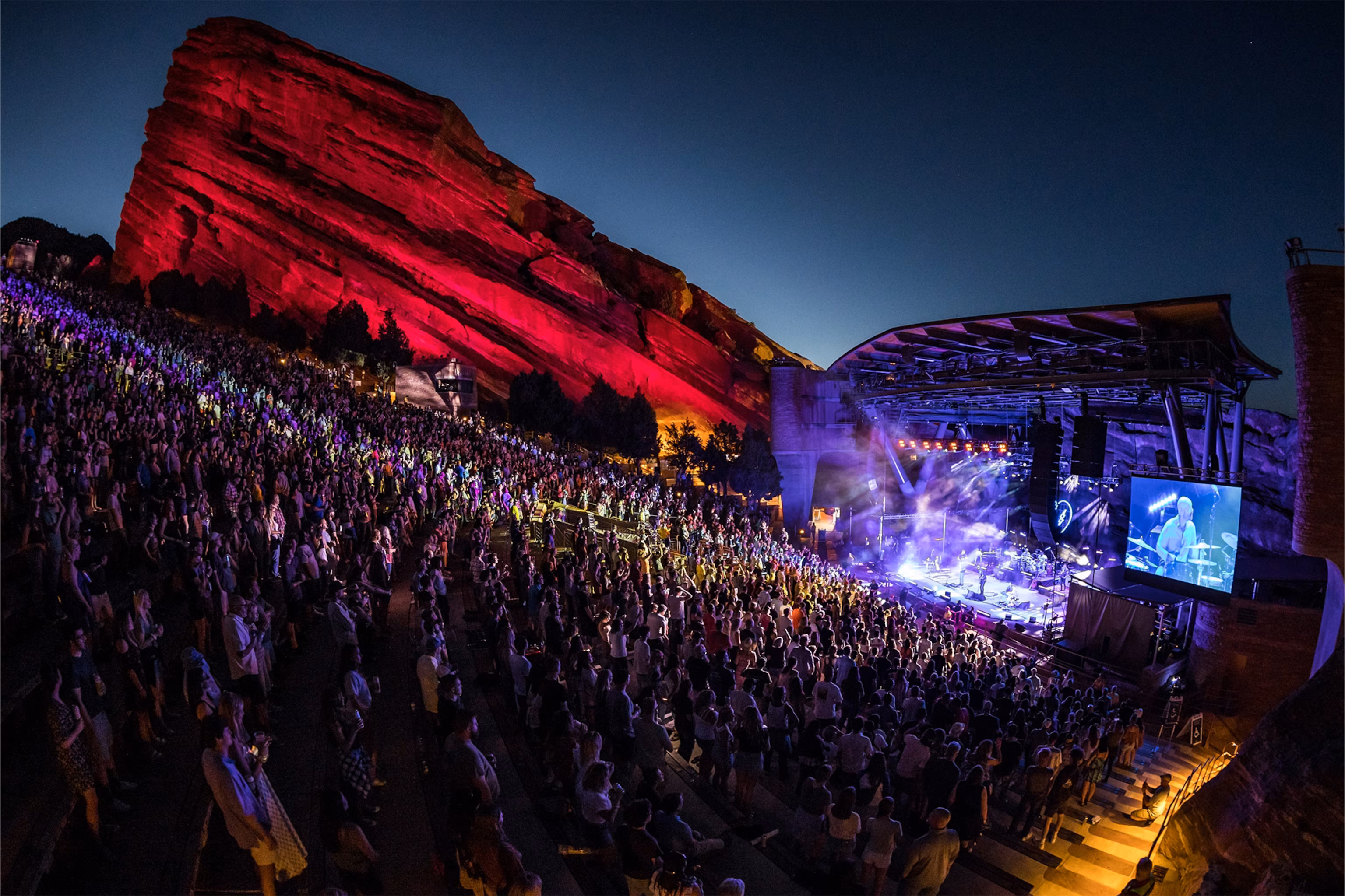 Red Rocks Amphitheatre at sunset during a concert